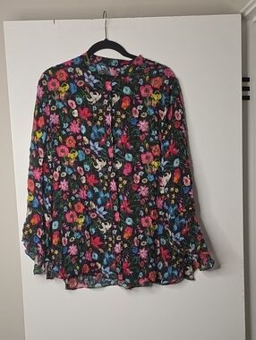 Elie Tahari Black Multicolor Floral Long-Sleeve Blouse Button Up